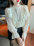 Gwmlk Vintage Sweet Lace Chiffon Blouse 2023 Autumn Beaded Lace Collar Shirt Lady Long Sleeve Ruffle Blusas Tops Mujer 23025