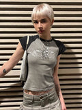 gwmlk Y2K Print Crop Top Grunge Fairycore Cute T Shrit Patchwork O Neck Short Sleeve Tee Women Harajuku Basic Casual Clothes