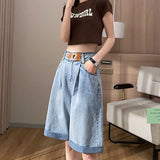 Gwmlk 2023 Summer Thin Denim Shorts Women Korean Fashion High Waist Loose Shorts Female Streetwear Light Blue Knee Pants New