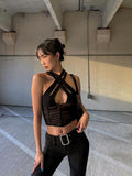 gwmlk Sexy Hollow Women Halter Tank Tops Sleeveless Ruched Patchwork Mesh Camisole Clubwear Fashion Solid Vest Outfit