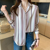 Gwmlk Woman Blouses 2023 Striped Shirts Long Sleeve Womens Tops Button Up Shirt Polo Neck Female Clothing Basic OL Ladies Tops