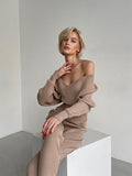 gwmlk New Sexy Off Shoulder Knitted Two Piece Set Women Long Sleeve Sport Tracksuit 2 Piece Sweater Pants Suits Matching Sets