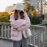 Gwmlk Pink Faux Fur Jacket Women Fashion with Pocket Long Sleeves Lamb Wool Warm Coat Ladies Korean High Street Short Outwear