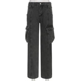 Gwmlk Vintage 90s Streetwear Cargo Pants Women All-match Pockets Baggy Wide Leg Jeans Woman High Waist Straight Denim Trouser