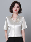 Gwmlk Women Shirt Embroidered Womens Tops Satin Short Sleeve Blouse 2023 Summer Fashion Female Clothing Casual Shirts for Women