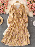 gwmlk Autumn Women Floral Chiffon Midi Dress Vintage V-Neck Flare Long Sleeve High Waist A-Line Vestidos Female New Fashion