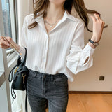 Gwmlk Woman Blouses 2023 Chiffon Long Sleeve Shirt Tops Woman White Blouse Shirts Striped Top Pretty and Cheap Women&#39;s Blouses