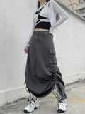 gwmlk Grey Pockets Midi Skirts Grunge y2k Ruched Drawstring Split Long Skirts Women Low Waisted Korean Prepply Skirts Retro