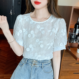 Gwmlk Embroidered Flower Blouse White Lace Chiffon Shirt Woman Short Sleeve Women 2023 Elegant Ladies Casual O Neck Tops 27012