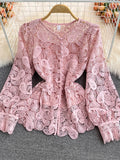 gwmlk Vintage Red/White/Pink Hollow Out Lace Blouse Women Elegant Lantern Long Sleeve Single Breasted Tops Female Blusas 2023