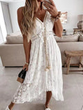 Gwmlk Lady Summer Lace Dress Holiday V Neck Spaghetti Strap Sundress Boho White Maxi Dress for Women Vestidos De Mujer 22194