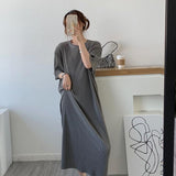 Gwmlk Sleeve Dress Women Summer New Leisure Large Size Simple Solid Retro Fashion M-4XL Chic Soft Elegant Mid-calf Dress