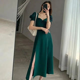 Gwmlk Square Collar Dresses for Women French Style Temperament Side Slit Dress Female Elegant Puff Sleeve Slim Fit Midi Dress