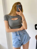 gwmlk Summer New Arrival Solid Knitted Slim Casual Hollow Out Round Neck Short Sleeves T Shirts