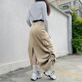 Gwmlk Streetwear Women Long Skirt with Adjustable Drawstring Solid Color Casual Style Loose Summer Clothing