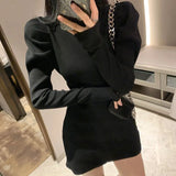 Gwmlk Women's Turtleneck Knitted Dress Fashion Slim Fit Puff Long Sleeve Mini Dresses Female Korean Elegant Bodycon Hip Dress