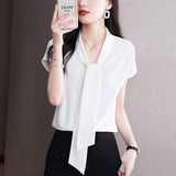 Gwmlk Tie Blouse Shirt for Women OL Elegant Blouses Satin Womens Tops Silk Female Clothing 2023 Korean Fashion Short Sleeve Blouse