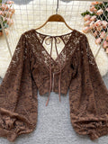 gwmlk Black/White/Brown Sexy Lace Blouse Women Elegant V-Neck Puff Long Sleeve Open Back Short Tops Female Party Blusas 2023