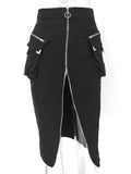 Gwmlk Yangelo Punk Sexy High Waist Goth Skirt Women Zipper Pencil Midi Black Grunge Skirts with Buckle Cyber Y2K Pocket Bottom