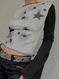 gwmlk Y2K Star Crop Top Grey Patchwork Retro T Shirt Women O Neck Full Sleeve Autumn Winter Pullovers Harajuku Tee Casual