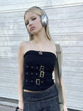 gwmlk Y2K Bandage Buckle Corset Top Black Punk Grunge Crop Top Gothic Retro Streetwear Mini Vest Women Fashion Sweats 90s