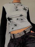 gwmlk Y2K Star Crop Top Grey Patchwork Retro T Shirt Women O Neck Full Sleeve Autumn Winter Pullovers Harajuku Tee Casual