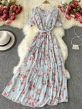 gwmlk Bohemian Vacation Chiffon Long Dress Women Black/Blue/Pink/Beige Pleated Vestidos Female Ruffle Robe 2023 New Fashion