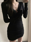 gwmlk Sleeve Dresses Women Folds Sheath Sexy V-neck Solid Trendy Leisure Ulzzang Streetwear Elegant Females