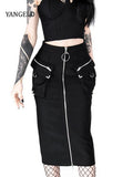 Gwmlk Yangelo Punk Sexy High Waist Goth Skirt Women Zipper Pencil Midi Black Grunge Skirts with Buckle Cyber Y2K Pocket Bottom