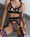 Gwmlk Leopard Lingerie With Stocking Cut Out Bra Sensual Brief Sets 4-Piece See Through Lace Fancy Underwear Garter Intimate