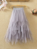 gwmlk Women irregular Tulle Skirts Fashion Elastic High Waist Mesh Tutu Skirt Pleated Long Skirts Midi Skirt Saias Faldas Jupe Femmle