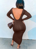 gwmlk Spring Sexy Backless Midi Dresses Bodycon Elegant Evening Club Party Birthday Brown Long Sleeve Dress Women