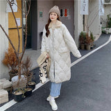 Gwmlk Collar Oversize Rhombus Pattern Long Parkas Pocket Female Warm Long Cotton Overcoat Single Breasted