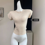 Gwmlk style Knitted Women Summer Tshirts Short Sleeve O-neck Tees Crop Tops Hollow Out Sexy T-Shirt Drawstring Tunic T-shirt