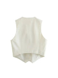 Gwmlk TRAF Women V Neck Single Breasted Short Vest Office Lady Sleeveless Chic White Suit Business Slim Waistcoat Tops