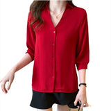 Gwmlk Women's Shirt Vintage Red Button Blouses for Women Short Sleeve Shirts Female Top Polo Neck Solid Blouse Office Lady Basic Shirt