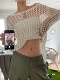 gwmlk y2k Holes Knitted Crop Top O Nekc Full Sleeve Crochet T Shirt Fashion Streetwear Women Vintage Korean Tee Summer 90s