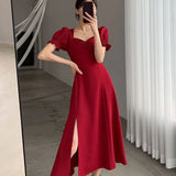 Gwmlk Square Collar Dresses for Women French Style Temperament Side Slit Dress Female Elegant Puff Sleeve Slim Fit Midi Dress