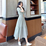 Gwmlk Korean Style High Waist Plaid Dress Women French Vintage Streetwear Puff Sleeve Maxi Dress Female Elegant Party Dreses