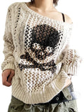 Gwmlk Skull Sweater Y2K Aesthetic Gothic Hollow Out Long Sleeve Tops Punk Style Crochet Pullover Knitwear Women Streetwear