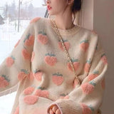 Gwmlk Autumn Winter Thicken Warm Women Sweaters Harajuku Sweet Strawberry Embroidery Jumpers Casual Loose Knitted Pullovers