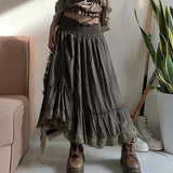 gwmlk y2k Fairycore Pleated Skirts Ruffles Shirring Lace Cute Midi Skirts Women Holiday Prepply Chic Skirts Korean Harajuku