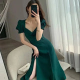 Gwmlk Square Collar Dresses for Women French Style Temperament Side Slit Dress Female Elegant Puff Sleeve Slim Fit Midi Dress