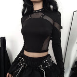 Gwmlk Gothic Mesh Patchwork T-Shirts Women Long Sleeve Eyelet Sexy Hollow Out Crop Tops Streetwear Harajuku Punk Slim Tees