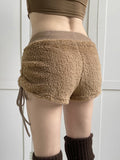 gwmlk y2k Fleece Shorts Lace Up Cute Khaki Low Waisted Fairycore Women Korean Shorts Winter Spring Outfits Party Cute Chic