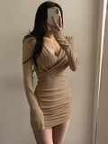 gwmlk Sleeve Dresses Women Folds Sheath Sexy V-neck Solid Trendy Leisure Ulzzang Streetwear Elegant Females