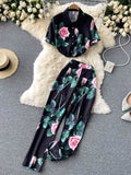 gwmlk Women Floral Two Piece Set Office Ladies Printed Turn-Down Collar Single Breasted Tops + High Waist Wide Leg Pants Suit 2023 New