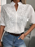 Gwmlk Floral Embroidery Lace Blouse Women Hollow-out Stand Collar V Neck Casual Shirt Elegant Short Sleeve Cotton Tops 24350