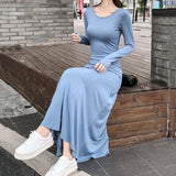 Gwmlk Spring Autumn Long Sleeve Dress Women Korean Style Slim Fit O-Neck Maxi Dress Ladies Basic Solid Sexy Bodycon Dresses