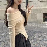 Gwmlk Korean Chic Irregular Sweater Pullover Women Elegant Slash Neck Knit Jumpers Female Sexy Off Shoulder Ribbed Pullovers